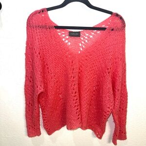 Wooden Ships Coral Open-Weave V-Neck Sweater